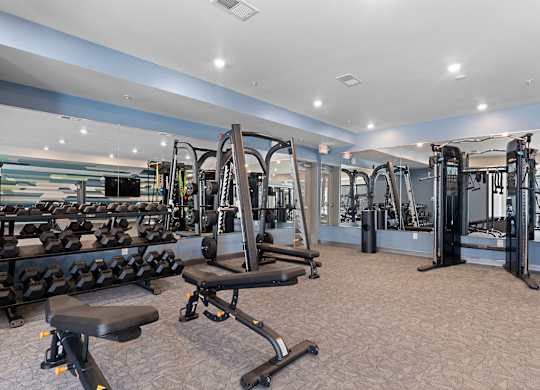A gym with a variety of equipment including treadmills, weights, and exercise machines.
