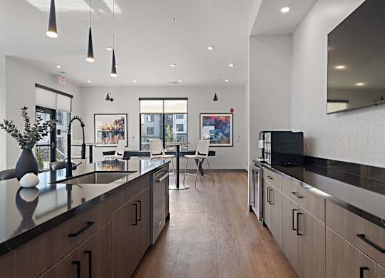 A modern kitchen with dark wood cabinets and a black countertop.