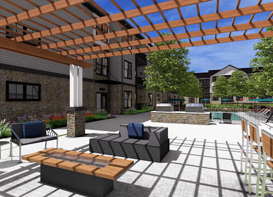 A patio with a table and chairs under a pergola.