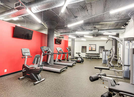 A gym with a variety of equipment including treadmills, elliptical machines, and weight machines.