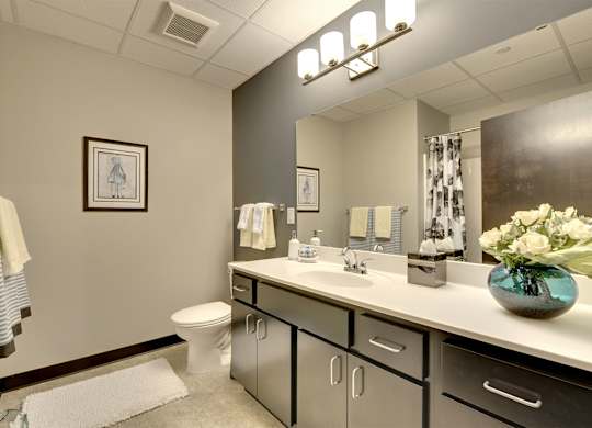 A bathroom with a toilet, sink, and mirror.