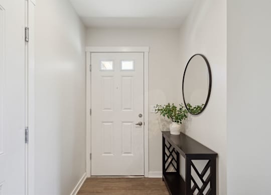 A white door is in a hallway with a black console table and a plant on top.