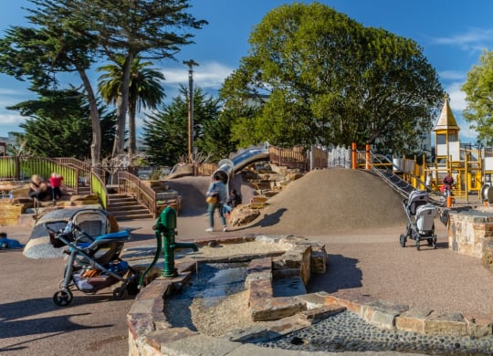 a park with a playground and trees