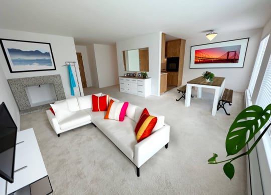 a living room filled with furniture and a fire place