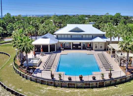 A large house with a pool in the backyard.