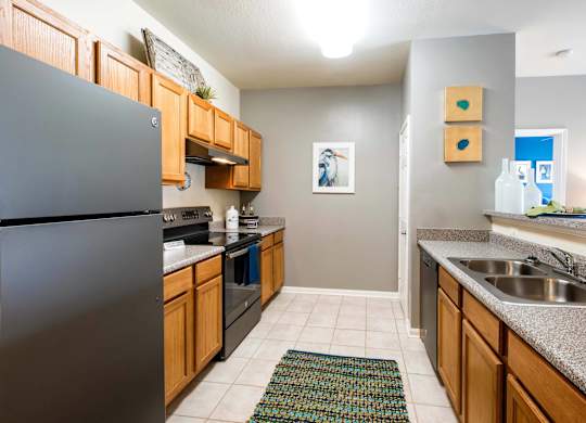 A kitchen with a black fridge and wooden cabinets.