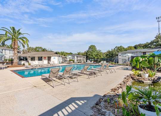 sparkling pool and sundeck at 701 South Apartments in Mobile, AL