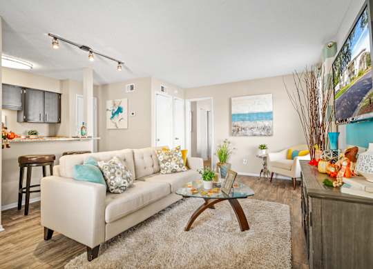 open-concept kitchen and living room at 701 South Apartments in Mobile, AL