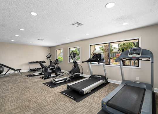 A spacious home gym with treadmills, exercise bikes, and other equipment.