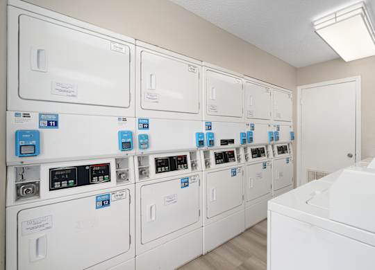 A row of washing machines are lined up in a laundry room.
