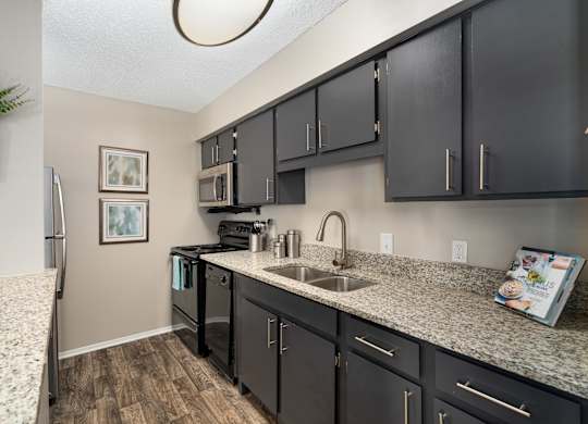 A kitchen with black cabinets and a granite countertop.