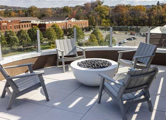 Rooftop terrace with firepit and chairs at 2020 Providence in Huntsville, AL.