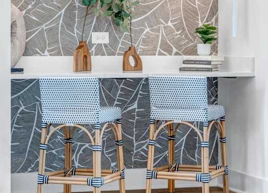 Two chairs with blue and white patterned cushions are in front of a wall with a spider web design.
