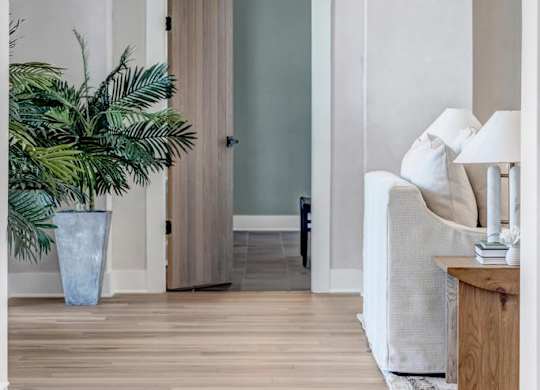 A room with a wooden floor and a white wall with a doorway.
