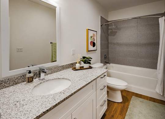 A bathroom with a sink, mirror, toilet, and a rug on the floor Wesley Place Apartments in Indianapolis, IN