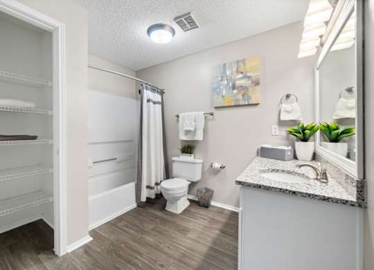 Bathroom with granite counters, wood-look flooring, vanity lighting, and storage at Summerchase at Riverchase in Hoover, Alabama