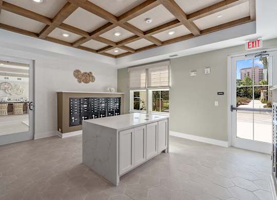 A modern kitchen with a large island and a view of the outdoors.