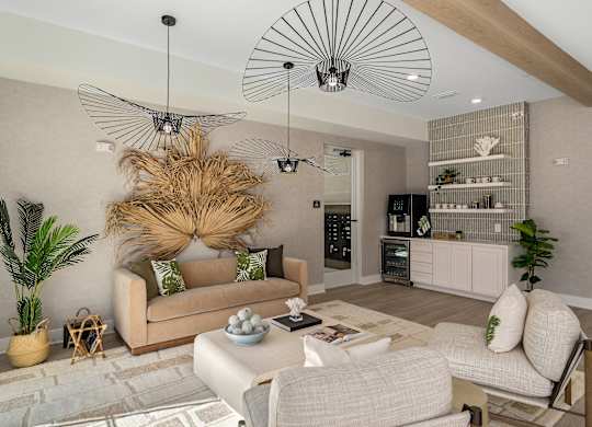A living room with a large fan and a couch.
