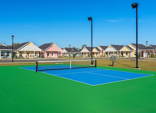 A tennis court in the middle of a grassy area with houses in the background.