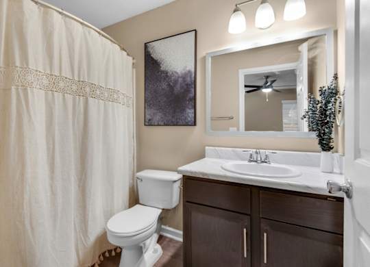 A bathroom with a toilet, sink, shower, and large vanity mirror at Crystal Lake in Pensacola, Florida.
