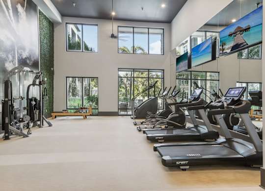 the gym with treadmills and windows at the estates at johnsons crossing