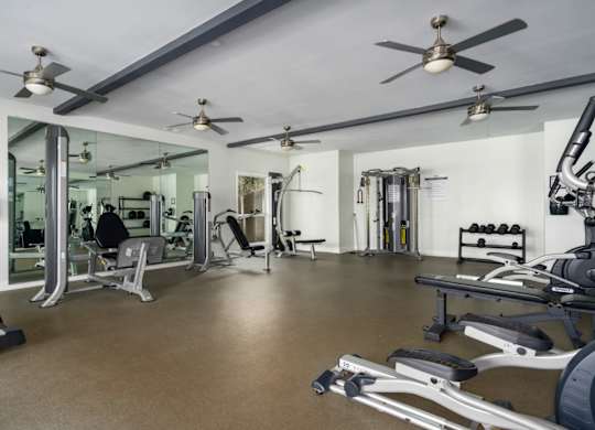 Fitness center with ceiling fans and exercise equipment at Summerchase at Riverchase in Hoover, Alabama