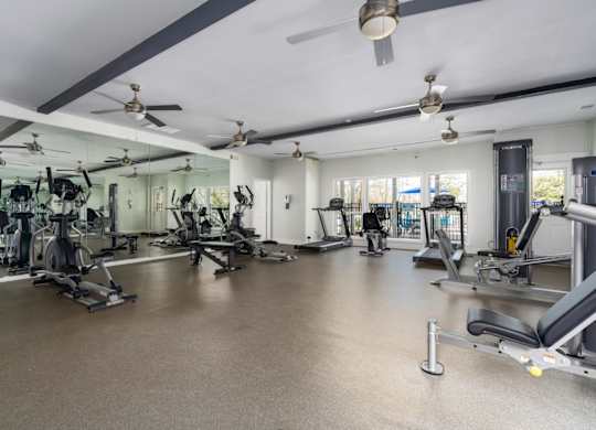 Fitness center with ceiling fans and natural light at Summerchase at Riverchase in Hoover, Alabama