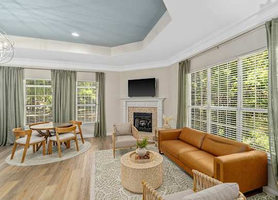 A living room with a fireplace and a television.