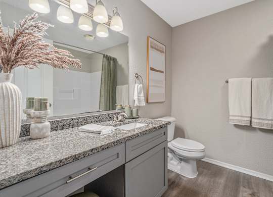A bathroom with a toilet, sink, and mirror.