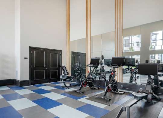 A gym with a row of exercise bikes and a black door.