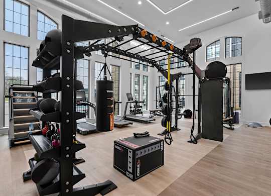 A gym with a variety of equipment including a squat rack, bench, and weights.