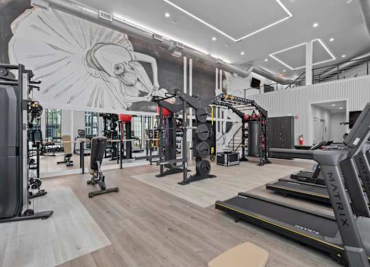 A gym with a variety of equipment including treadmills, weights, and exercise machines.