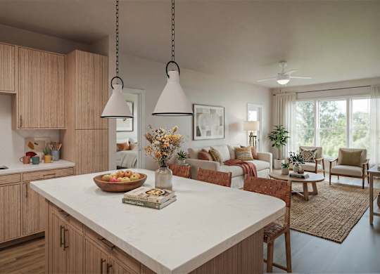 A kitchen with wooden cabinets and a white island with a book on it.