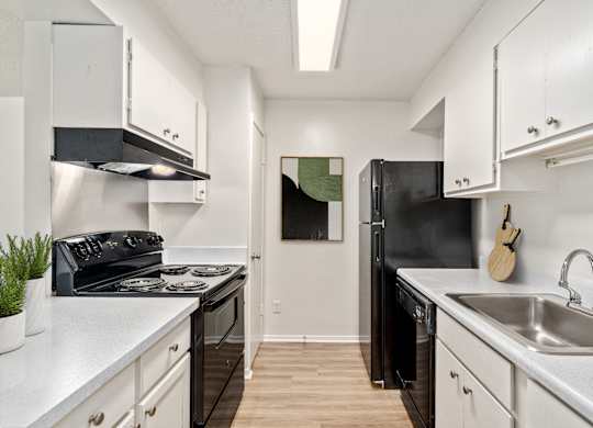 A modern kitchen with black appliances and white cabinets.