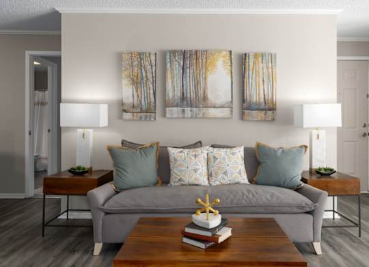 A living room with wood floors, a short hall to the bathroom and a secure front door.