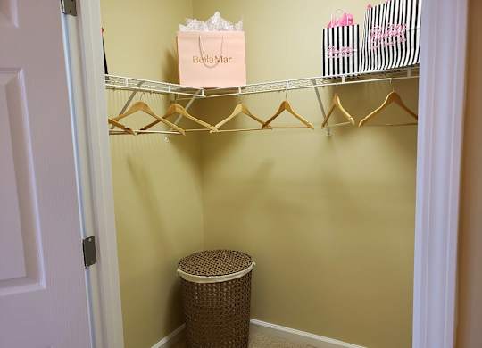 A closet with a white door and a yellow wall.