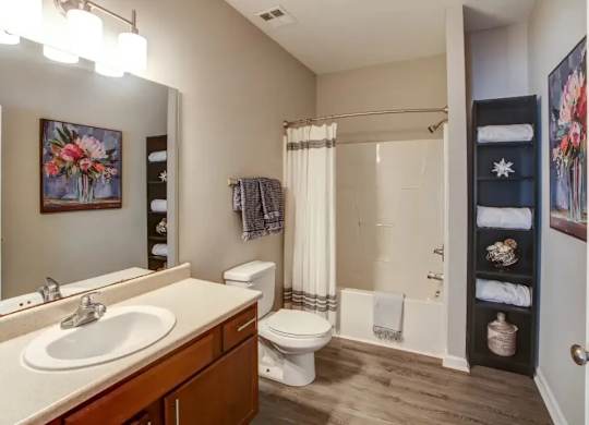 A bathroom with a toilet, sink, and shower.