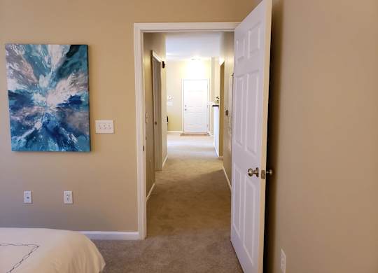 A hallway with a white door and a painting on the wall.