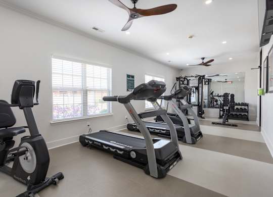 A spacious home gym with a variety of exercise equipment.