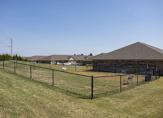 A black fence runs along a grassy field.