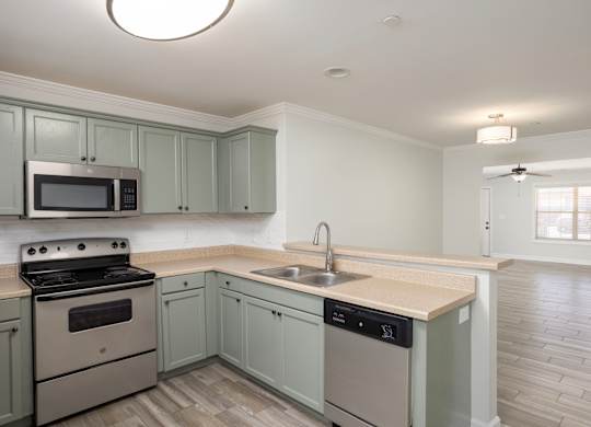A kitchen with a stove, microwave, and dishwasher.