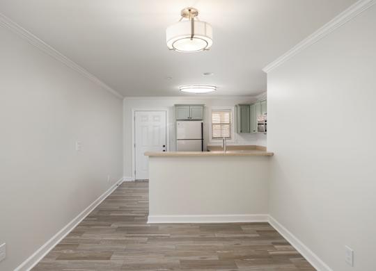 A room with a white door and a light brown floor.