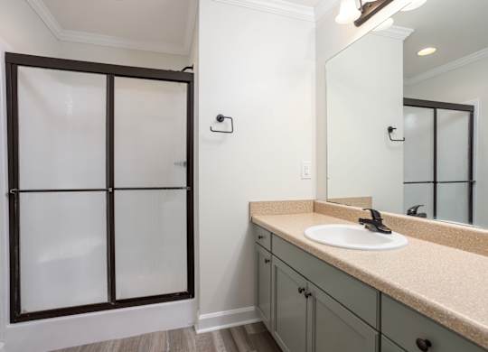 A bathroom with a sink, mirror, and frosted glass shower door.