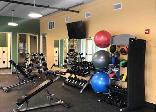 the gym is stocked with equipment  at The Pomenade at Founders Square Apartments in Portage, IN