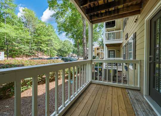 First level wood-floored patio at Summerchase at Riverchase in Hoover, Alabama.