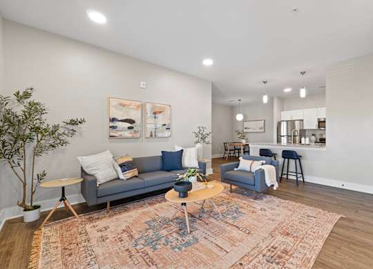 A living room with a grey couch, a blue chair, and a rug.