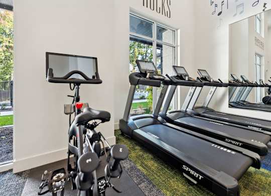 the gym with treadmills and weights at the district flats apartments