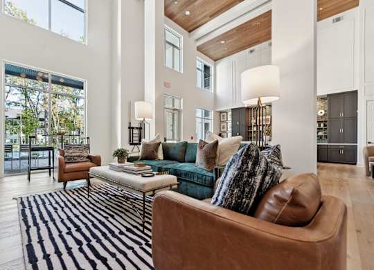 a living room with a couch and a rug