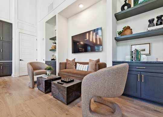 a living room with two couches and a coffee table
