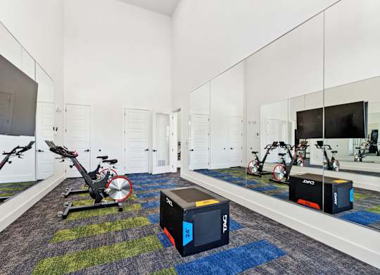 a gym with exercise equipment and a tv in a room with mirrored walls